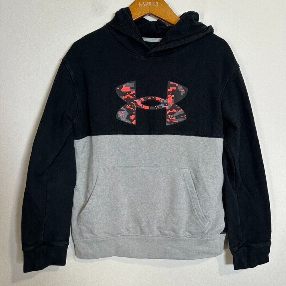 Under Armour Rival Hoodie‎ Boys Size Youth Large Black Gray Fleece Logo